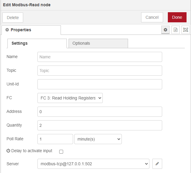 Modbus node configuration