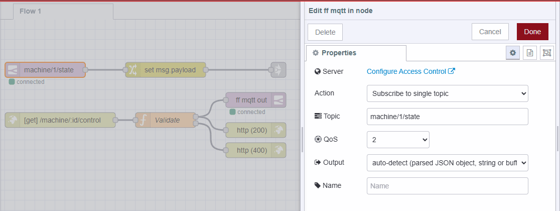 Screenshot of Node-RED with FlowFuse MQTT-in node edit panel