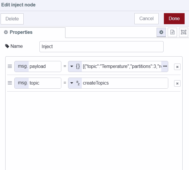 Screenshot showing set payload in inject node for creating new Kafka topic"